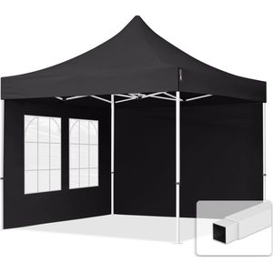 3x3m Easy Up Partytent Vouwtent - 2 Zijwanden (met Kerkvensters) Paviljoen Stalen Frame Grijs