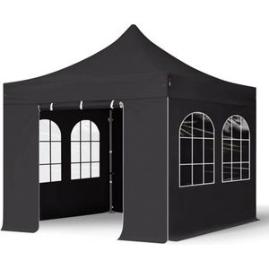 3x3 m Easy Up partytent Vouwpaviljoen PVC brandvertragend met zijwanden (4 vensters), PREMIUM staal 40mm, zwart