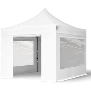 3x3 m Easy Up partytent Vouwpaviljoen PVC brandvertragend met zijwanden (2 panorama), PREMIUM staal 40mm, wit