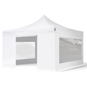 4x4 M Easy Up Partytent Vouwpaviljoen PVC Brandvertragen - PREMIUM Staal 40mm met Zijwanden (panorama - Wit