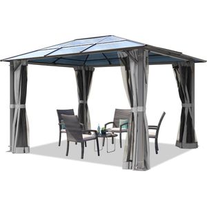 Tuinpaviljoen 3x3,65 m ca. 6 mm polycarbonaat dak 4 muggennetten en zijwanden grijs