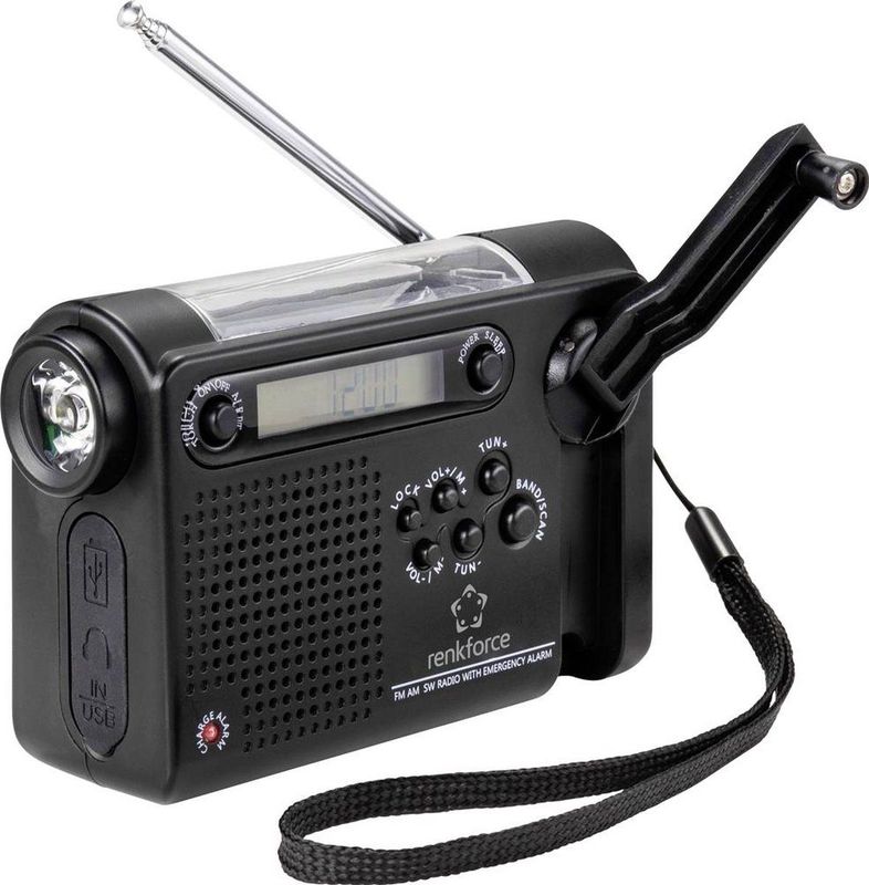 Renkforce RF-CR-200 Transistorradio VHF (FM), Middengolf, Korte golf Noodradio Oplaadbaar, Zonnepaneel, Handslinger, We