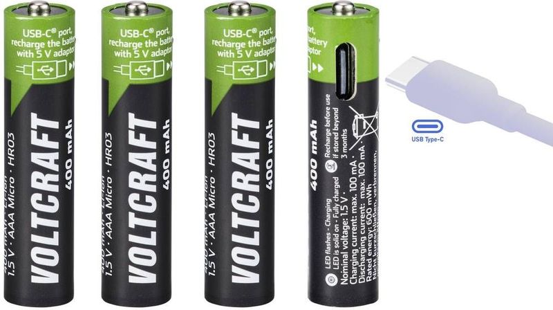 VC-AAA400USB usb-c® Akku Li-Ion 400 mAh 1.5 v 4 St. - Voltcraft