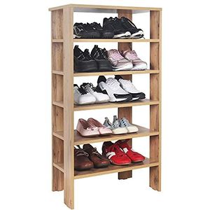RICOO WM041-EW Schoenenrek, smal en hoog, 105 x 55 x 32 cm, staand rek, pershout, eiken, bruin, schoenenstandaard met 6 niveaus, open schoenenkast, schoenenrek, schoenenrek klein, schoenenrekken