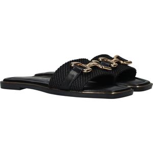 Slipper - Zwart - Leer en Textiel - Platte Zool