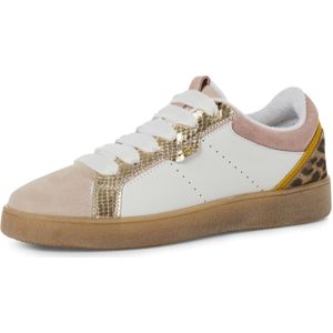 Sneaker - Beige - Leer en Suède - Platte Zool - Gouden Accenten