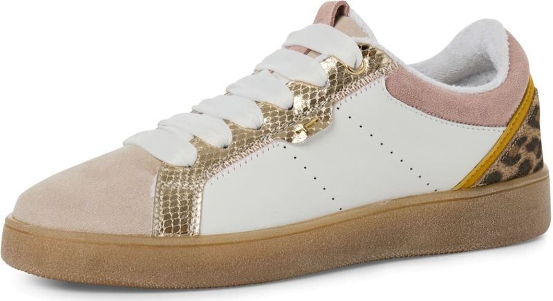 Sneaker - Beige - Leer en Suède - Platte Zool - Gouden Accenten