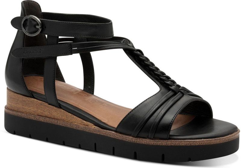 Tamaris - 1-28256-44 - Sandalen - Zwart - Leer/Synthetisch - Sleehak 5 cm