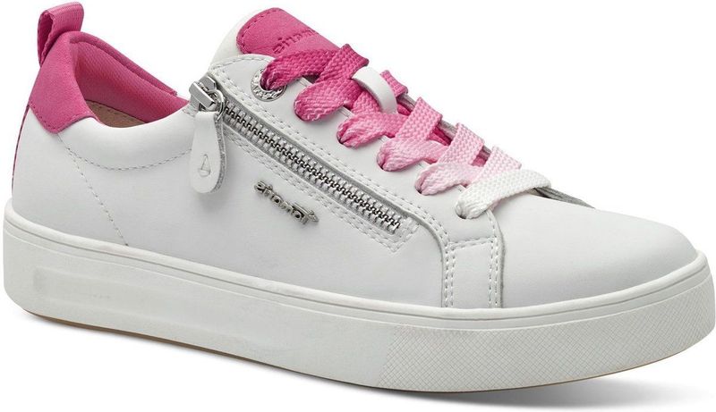 TAMARIS Comfort Damessneakers - Vrijetijdssneaker - Wit/Fuchsia - Leer/Textiel/Synthetisch
