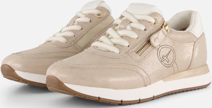 TAMARIS Comfort Damessneakers - Plat - Beige Glamour - Leer/Textiel/Synthetisch
