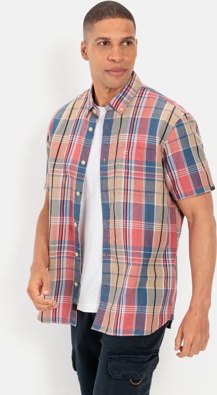 camel active - Geruite Overhemd - Rood-Blauw - Linnen Mix