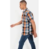 camel active - Geruite Overhemd - Blauw-Oranje - Linnen Mix