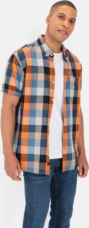 camel active - Geruite Overhemd - Blauw-Oranje - Linnen Mix