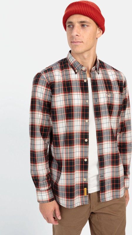 camel active - Lange Mouw Shirt - Baksteenrood - Puur Katoen - Ruitpatroon