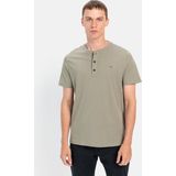 Henley - T-shirt - Kaki - Korte Mouwen - Regular Fit - Knoopsluiting