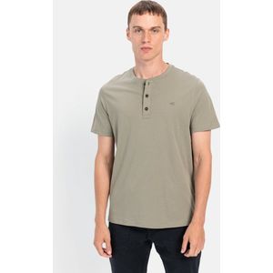 Henley - T-shirt - Kaki - Korte Mouwen - Regular Fit - Knoopsluiting
