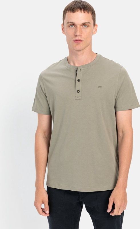 Henley - T-shirt - Kaki - Korte Mouwen - Regular Fit - Knoopsluiting