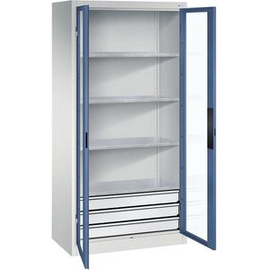 C+P Vleugeldeurkast met zichtvenster, h x b x d = 1950 x 930 x 500 mm, 4 legborden, 3 laden, lichtgrijs/verblauw