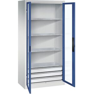 C+P Vleugeldeurkast met zichtvenster, h x b x d = 1950 x 930 x 500 mm, 4 legborden, 3 laden, lichtgrijs/gentiaanblauw