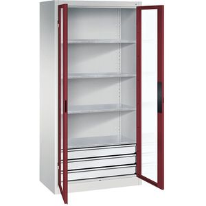 C+P Vleugeldeurkast met zichtvenster, h x b x d = 1950 x 930 x 500 mm, 4 legborden, 3 laden, lichtgrijs/robijnrood