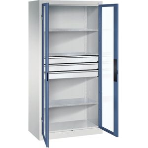 C+P Vleugeldeurkast met zichtvenster, h x b x d = 1950 x 930 x 500 mm, 3 legborden, 3 laden, lichtgrijs/verblauw