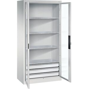C+P Vleugeldeurkast met zichtvenster, h x b x d = 1950 x 930 x 500 mm, 4 legborden, 3 laden, lichtgrijs/lichtgrijs