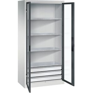 C+P Vleugeldeurkast met zichtvenster, h x b x d = 1950 x 930 x 500 mm, 4 legborden, 3 laden, lichtgrijs/antracietgrijs