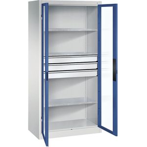 C+P Vleugeldeurkast met zichtvenster, h x b x d = 1950 x 930 x 500 mm, 3 legborden, 3 laden, lichtgrijs/gentiaanblauw