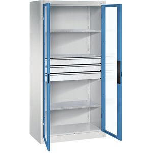 C+P Vleugeldeurkast met zichtvenster, h x b x d = 1950 x 930 x 500 mm, 3 legborden, 3 laden, lichtgrijs/lichtblauw