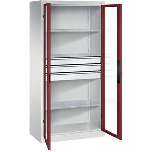 C+P Vleugeldeurkast met zichtvenster, h x b x d = 1950 x 930 x 500 mm, 3 legborden, 3 laden, lichtgrijs/robijnrood