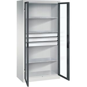 C+P Vleugeldeurkast met zichtvenster, h x b x d = 1950 x 930 x 500 mm, 3 legborden, 3 laden, lichtgrijs/antracietgrijs