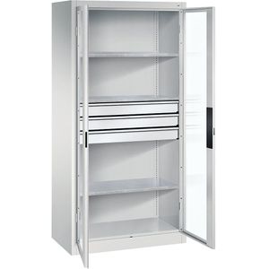 C+P Vleugeldeurkast met zichtvenster, h x b x d = 1950 x 930 x 500 mm, 3 legborden, 3 laden, lichtgrijs/lichtgrijs