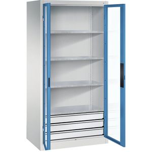 C+P Vleugeldeurkast met zichtvenster, h x b x d = 1950 x 930 x 600 mm, 4 legborden, 3 laden, lichtgrijs/lichtblauw