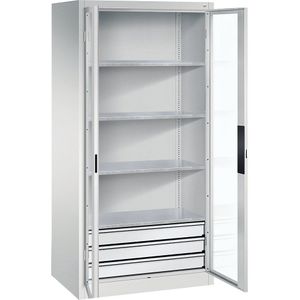 C+P Vleugeldeurkast met zichtvenster, h x b x d = 1950 x 930 x 600 mm, 4 legborden, 3 laden, lichtgrijs/lichtgrijs