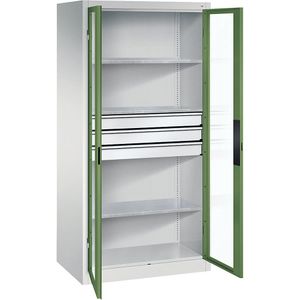 C+P Vleugeldeurkast met zichtvenster, h x b x d = 1950 x 930 x 600 mm, 3 legborden, 3 laden, lichtgrijs/resedagroen