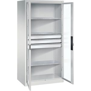 C+P Vleugeldeurkast met zichtvenster, h x b x d = 1950 x 930 x 600 mm, 3 legborden, 3 laden, lichtgrijs/lichtgrijs
