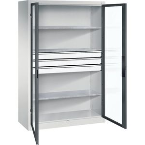 C+P Vleugeldeurkast met zichtvenster, h x b x d = 1950 x 1200 x 500 mm, 3 legborden, 3 laden, lichtgrijs/antracietgrijs