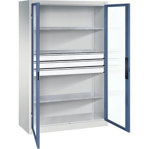 C+P Vleugeldeurkast met zichtvenster, h x b x d = 1950 x 1200 x 500 mm, 3 legborden, 3 laden, lichtgrijs/verblauw