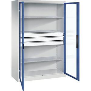 C+P Vleugeldeurkast met zichtvenster, h x b x d = 1950 x 1200 x 500 mm, 3 legborden, 3 laden, lichtgrijs/gentiaanblauw