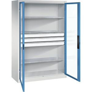 C+P Vleugeldeurkast met zichtvenster, h x b x d = 1950 x 1200 x 500 mm, 3 legborden, 3 laden, lichtgrijs/lichtblauw
