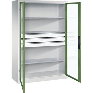 C+P Vleugeldeurkast met zichtvenster, h x b x d = 1950 x 1200 x 500 mm, 3 legborden, 3 laden, lichtgrijs/resedagroen