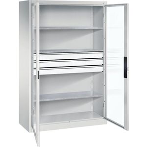 C+P Vleugeldeurkast met zichtvenster, h x b x d = 1950 x 1200 x 500 mm, 3 legborden, 3 laden, lichtgrijs/lichtgrijs