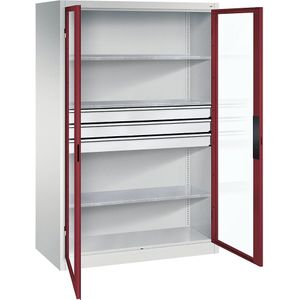 C+P Vleugeldeurkast met zichtvenster, h x b x d = 1950 x 1200 x 600 mm, 3 legborden, 3 laden, lichtgrijs/robijnrood
