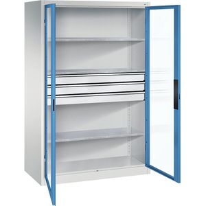 C+P Vleugeldeurkast met zichtvenster, h x b x d = 1950 x 1200 x 600 mm, 3 legborden, 3 laden, lichtgrijs/lichtblauw