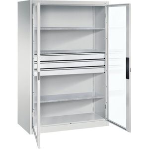 C+P Vleugeldeurkast met zichtvenster, h x b x d = 1950 x 1200 x 600 mm, 3 legborden, 3 laden, lichtgrijs/lichtgrijs