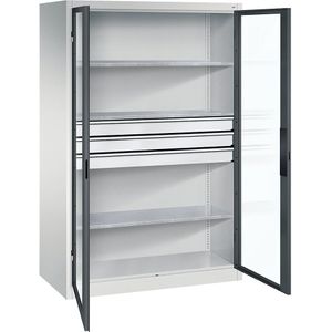 C+P Vleugeldeurkast met zichtvenster, h x b x d = 1950 x 1200 x 600 mm, 3 legborden, 3 laden, lichtgrijs/antracietgrijs