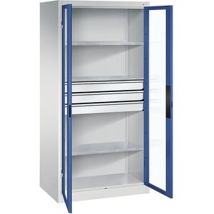 C+P Vleugeldeurkast met zichtvenster, h x b x d = 1950 x 930 x 600 mm, 3 legborden, 3 laden, lichtgrijs/gentiaanblauw