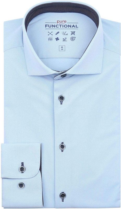 Pure - Shirt - Lichtblauw - Slim-fit - 59% Polyamide, 27% Polyester, 14% Elastan