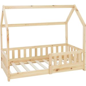 Kinderbed Huisbed 140x70 cm van grenenhout met uitvalbeschermend dak en lattenbodem Houten bed ML design