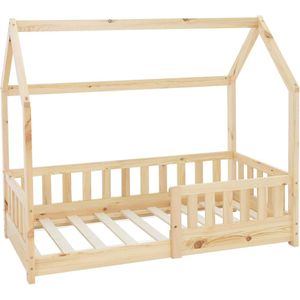 Kinderbed met bescherming tegen uitvallen lattenbodem en dak 70x140 cm Dennenhout naturel ML-Design